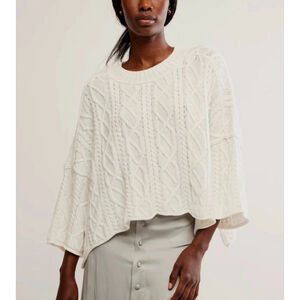Free People NEW Washed Ashore Fisherman Sweater Cropped White LG Scalloped Hem
